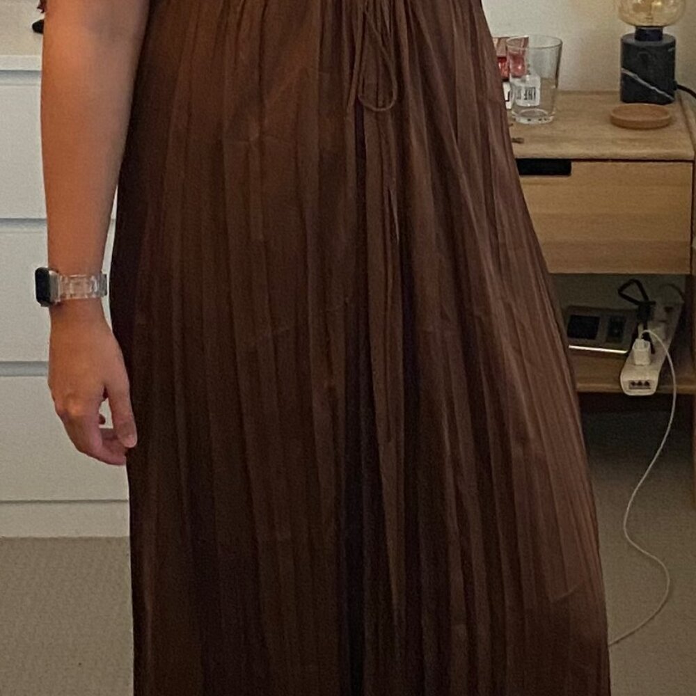 Zara / Chocolate Brown Satin Front Cut Out Crinkle Cut Tie Maxi Dress